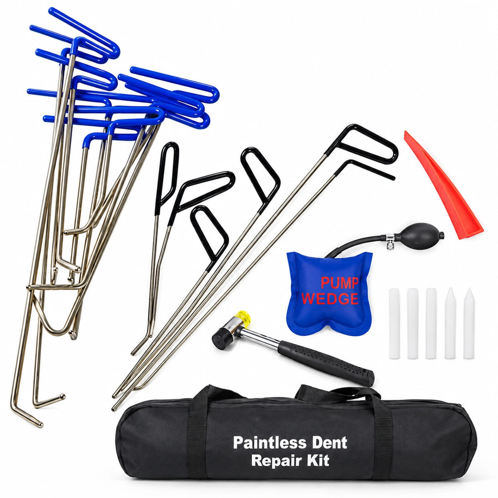 Firetide 16-piece hook tool kit for paintless dent repair, including metal hook tools with blue and black handles, a blue pump wedge, a black air blapper, white pointed inserts, a small hammer, and a gray carrying bag labeled 'Paintless Dent Repair Kit' on a white background.