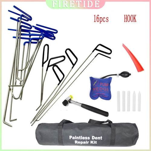 Firetide 16-piece hook tool kit for paintless dent repair, including metal hook tools with blue and black handles, a blue pump wedge, a black air blapper, white pointed inserts, a small hammer, and a gray carrying bag labeled 'Paintless Dent Repair Kit' on a white background.