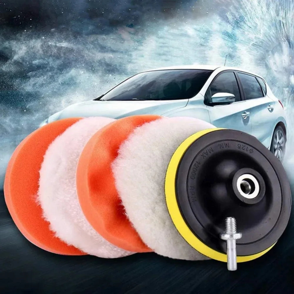 Car polisher with different buffs in front of a car washing background