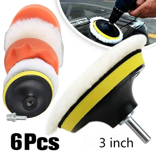 Six 3-inch car polish pads shown in a stack and as a single unit, with a drill being used to polish a car wheel in a circular inset. Text on the image reads '6Pcs' and '3 inch'.