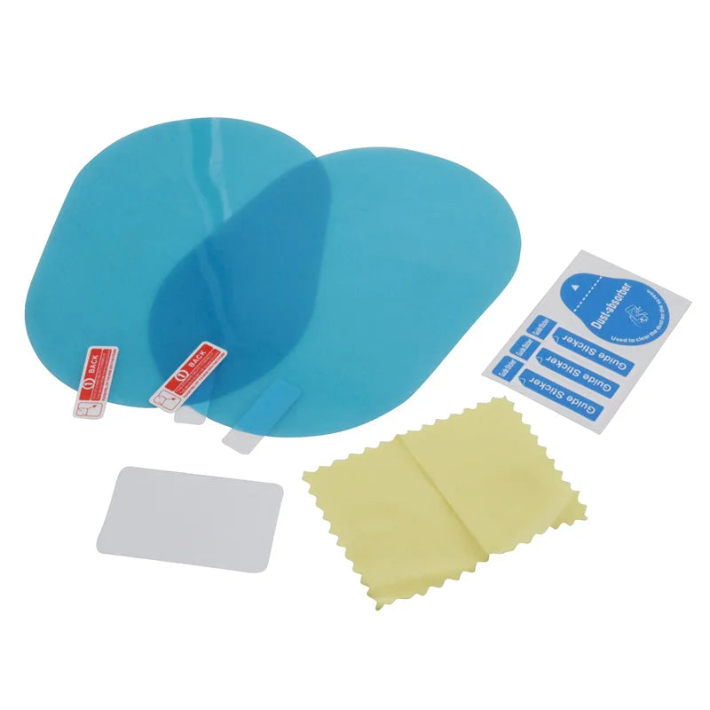 A screen protector installation kit on a white background, including two blue circular screen protectors, two small red-and-white adhesive strips, a sheet of protective film, a yellow microfiber cloth, and a gray mounting piece.