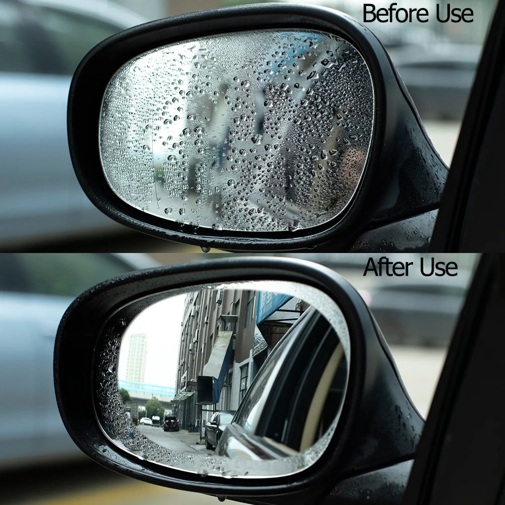 Car side mirror before and after use with a clear water droplet removal product.