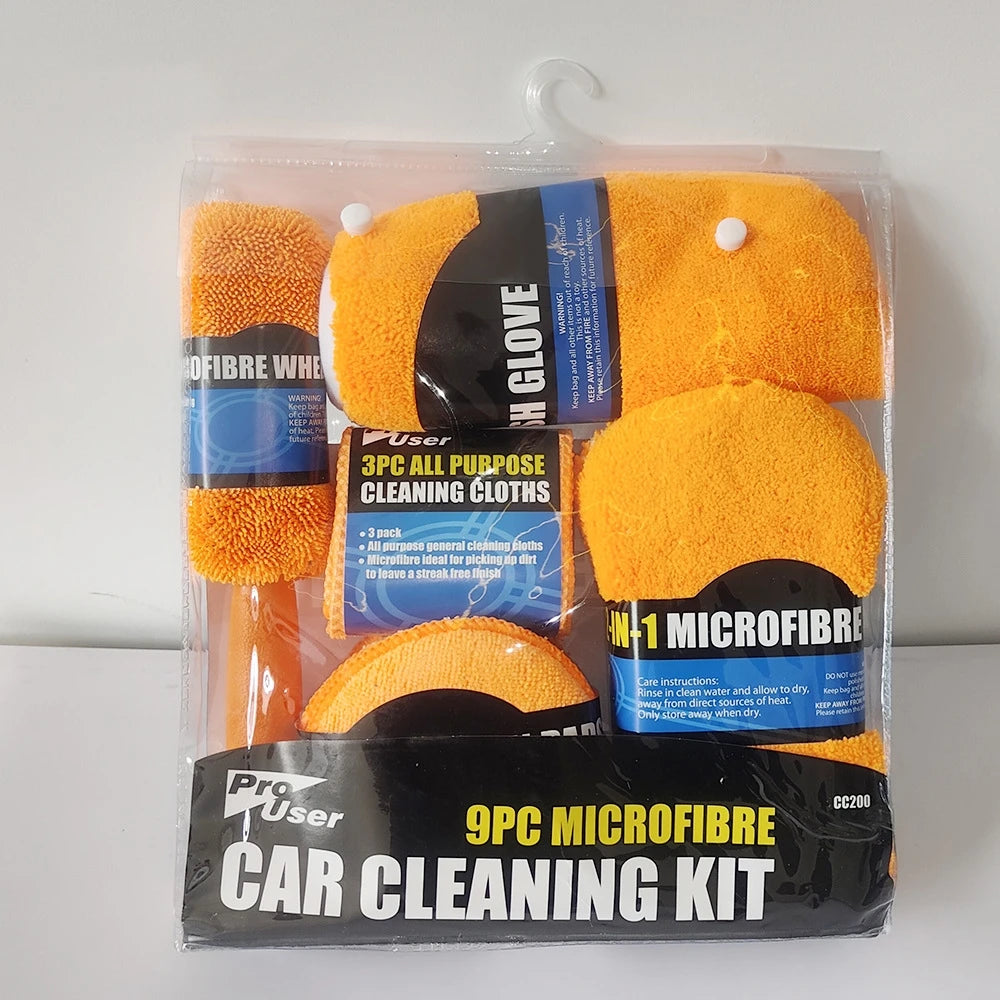 9-piece microfiber car cleaning kit with orange cloths in packaging on a white background