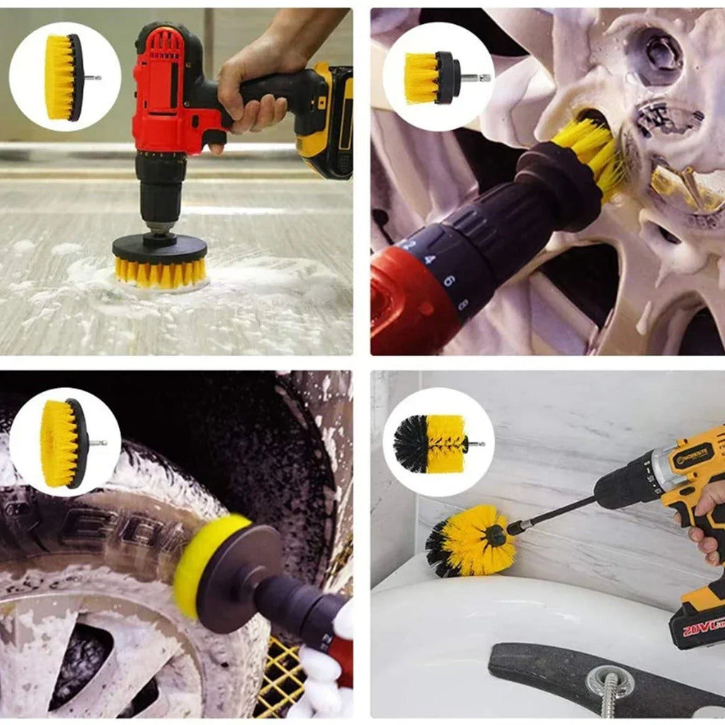 Collage of a power drill with a brush attachment cleaning various surfaces.
