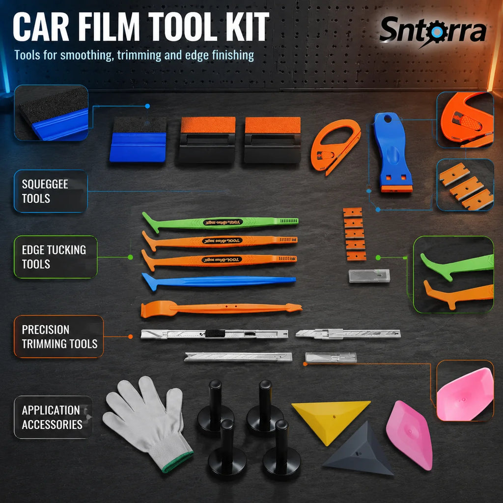 Sntorra Car Film Tool Kit displayed on a dark textured background, featuring various application and smoothing tools such as squeegee tools, edge tucking tools, precision trimming tools, application accessories, and color swatches.