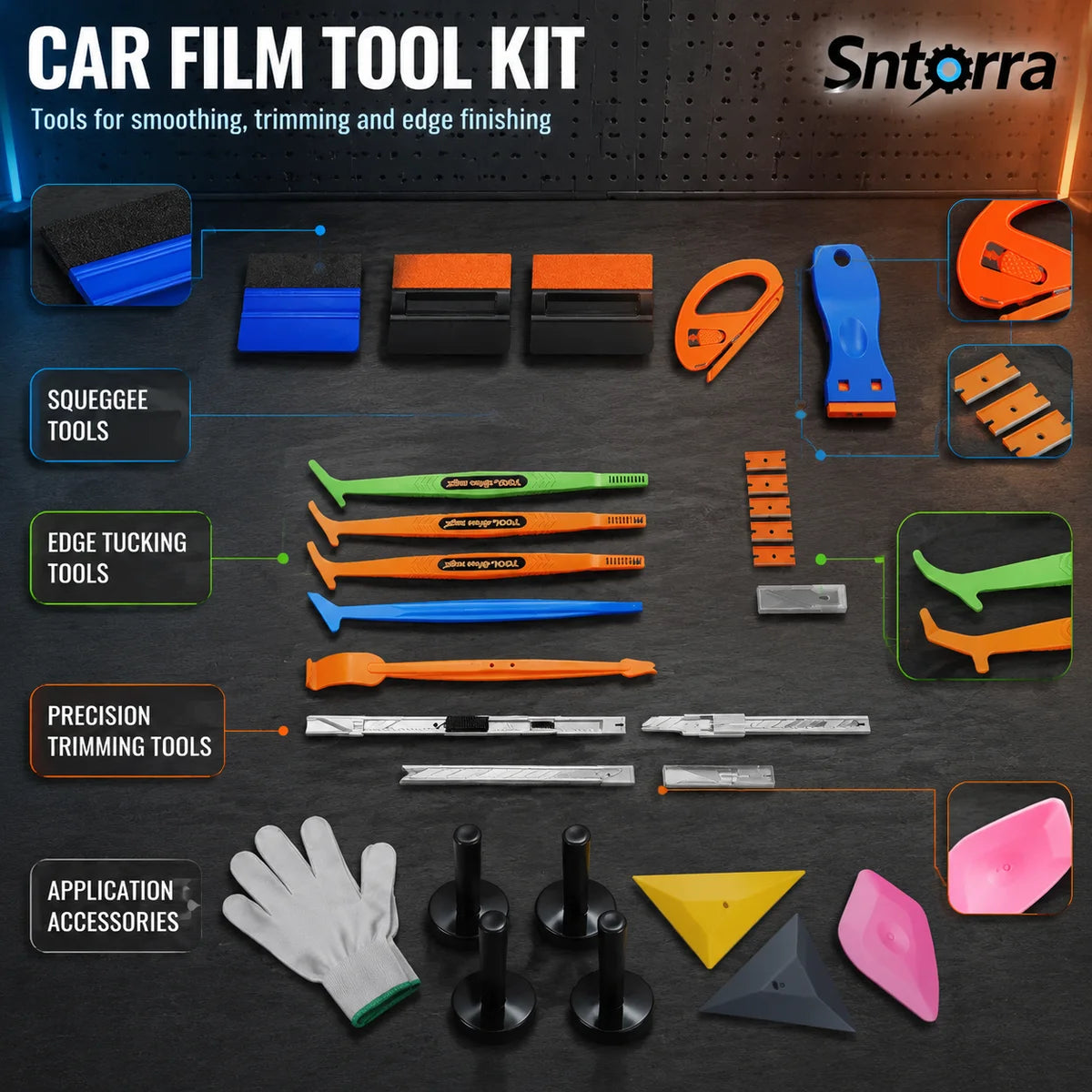 Sntorra Car Film Tool Kit displayed on a dark textured background, featuring various application and smoothing tools such as squeegee tools, edge tucking tools, precision trimming tools, application accessories, and color swatches.