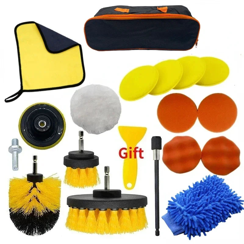 Collection of car cleaning tools with a carrying case on a white background