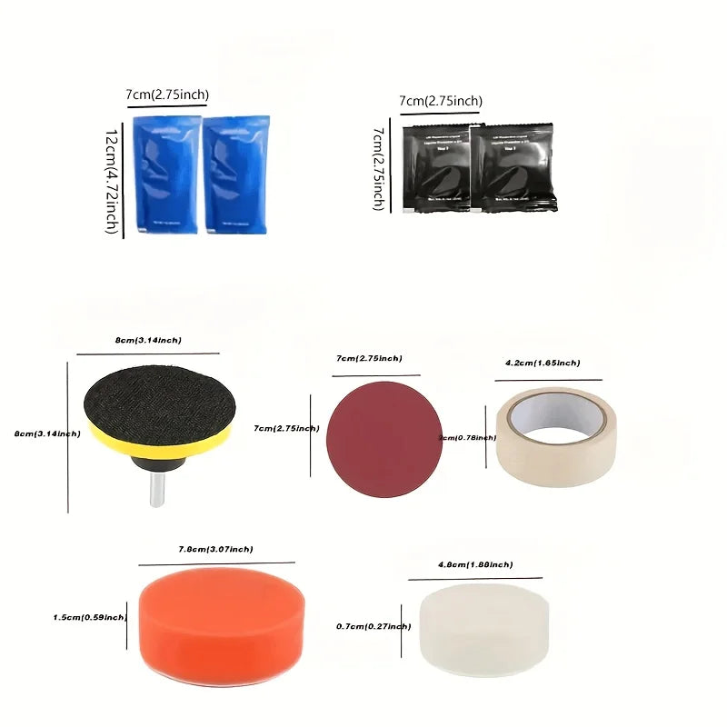 A product set of circular sanding discs and a roll of masking tape with dimension labels and measurements on a plain white background.
