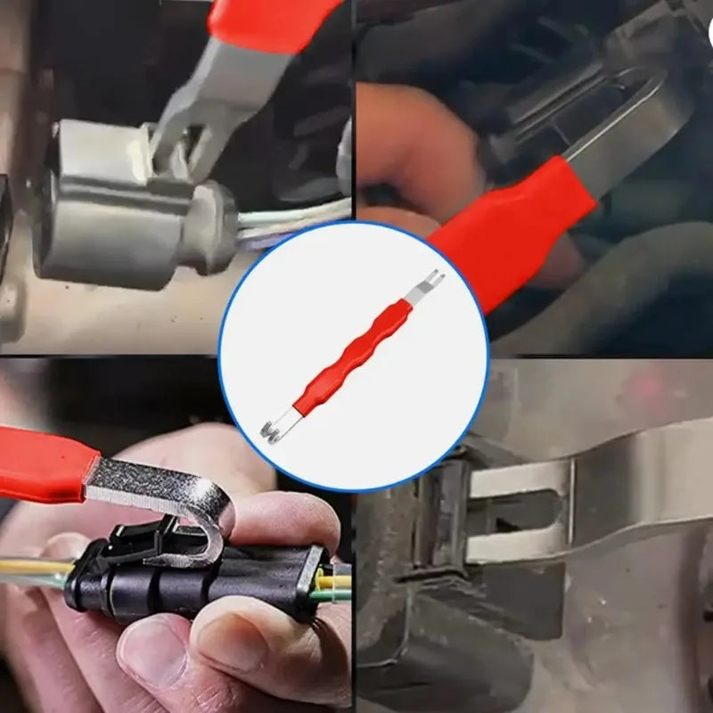 Collage of a red tool being used on electrical connectors.