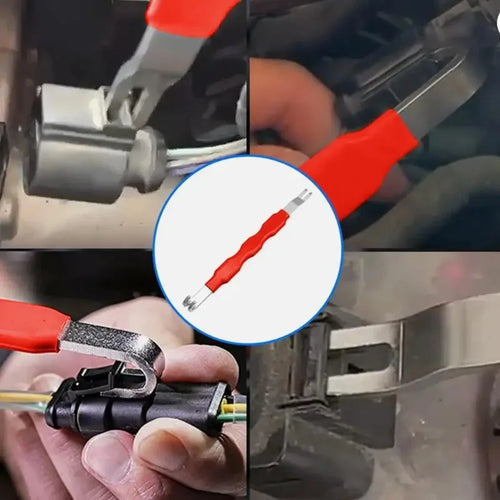 Collage of a red tool being used on electrical connectors.