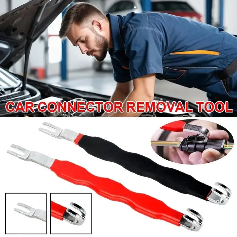 Car connector removal tool shown with two insulated handles, one red and one black, alongside a lifestyle photo of an auto mechanic working under a car hood and a small inset demonstrating use.