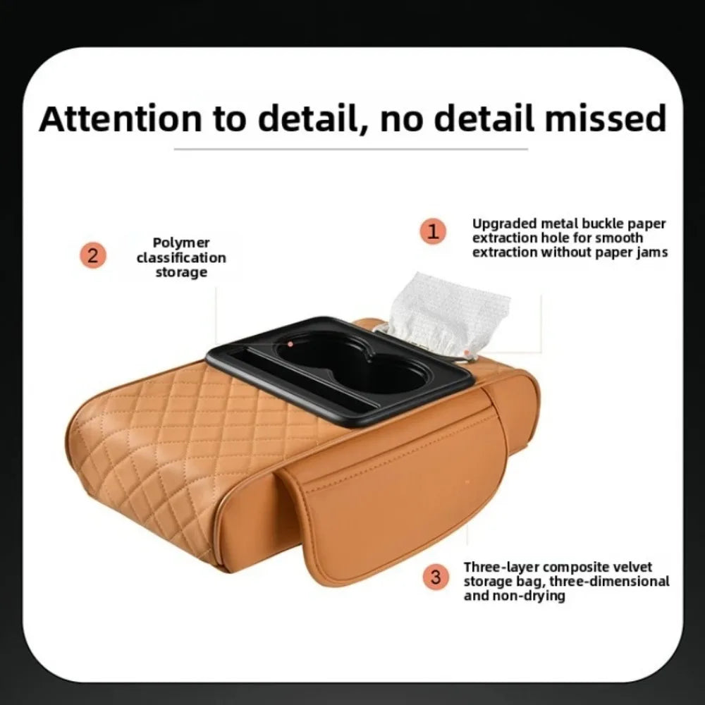 A tan quilted center console storage organizer with a black dual cup holder insert and tissue dispenser opening, shown on a white background with explanatory text callouts.