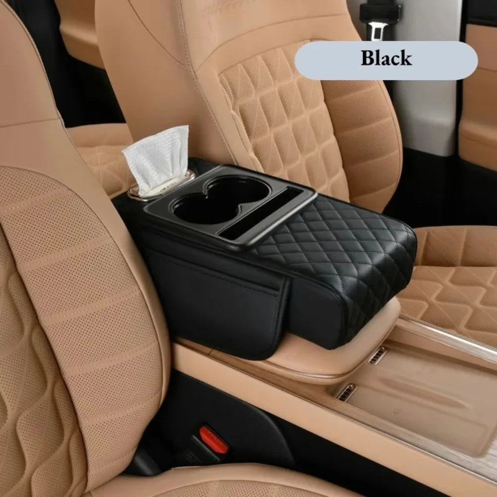 Car armrest organizer with cup holder and tissue holder in a beige car interior.