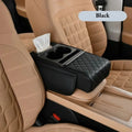Car armrest organizer with cup holder and tissue holder in a beige car interior.