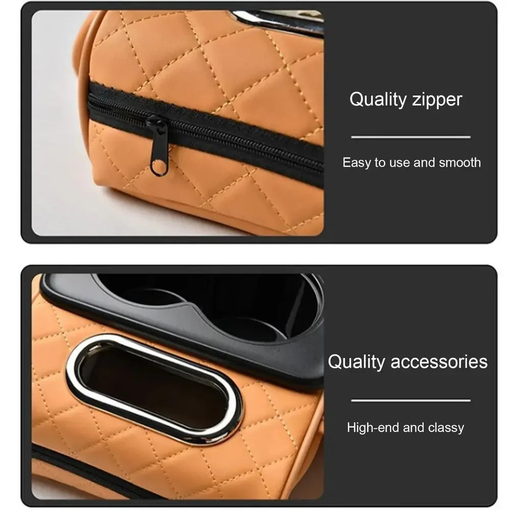 Quilted beige handbag with black zipper and handle, highlighting quality features.