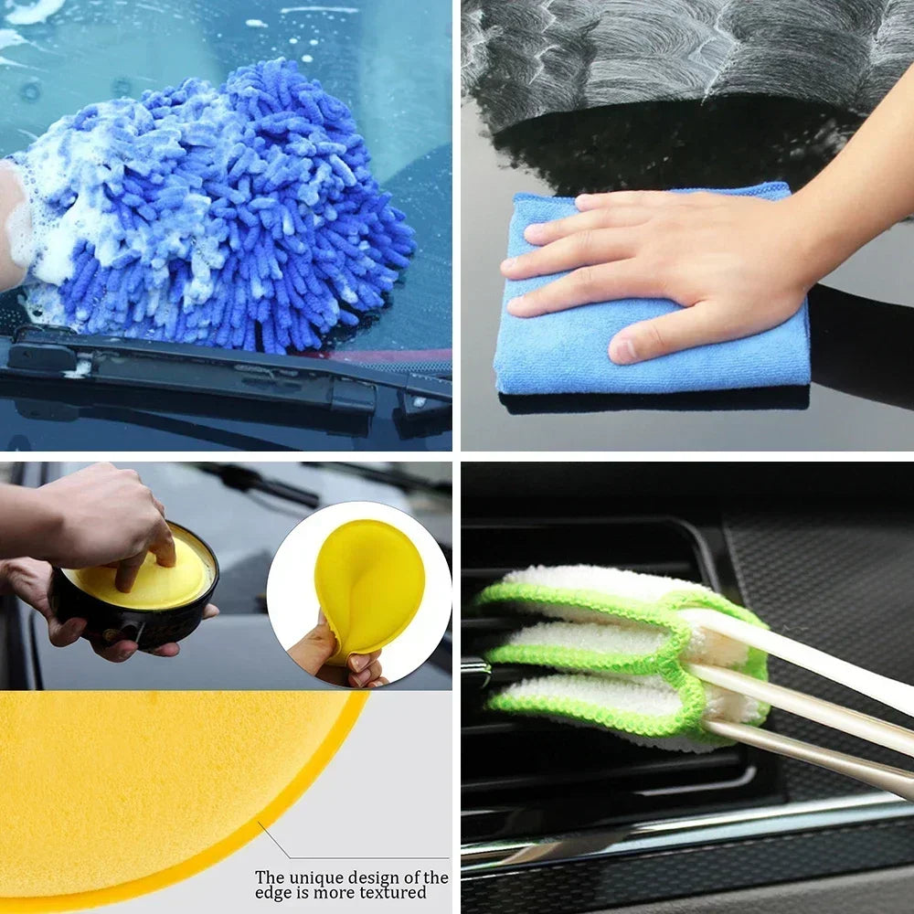 Set of car cleaning tools including a blue microfiber cloth, yellow sponge, and green brush with textured edge.