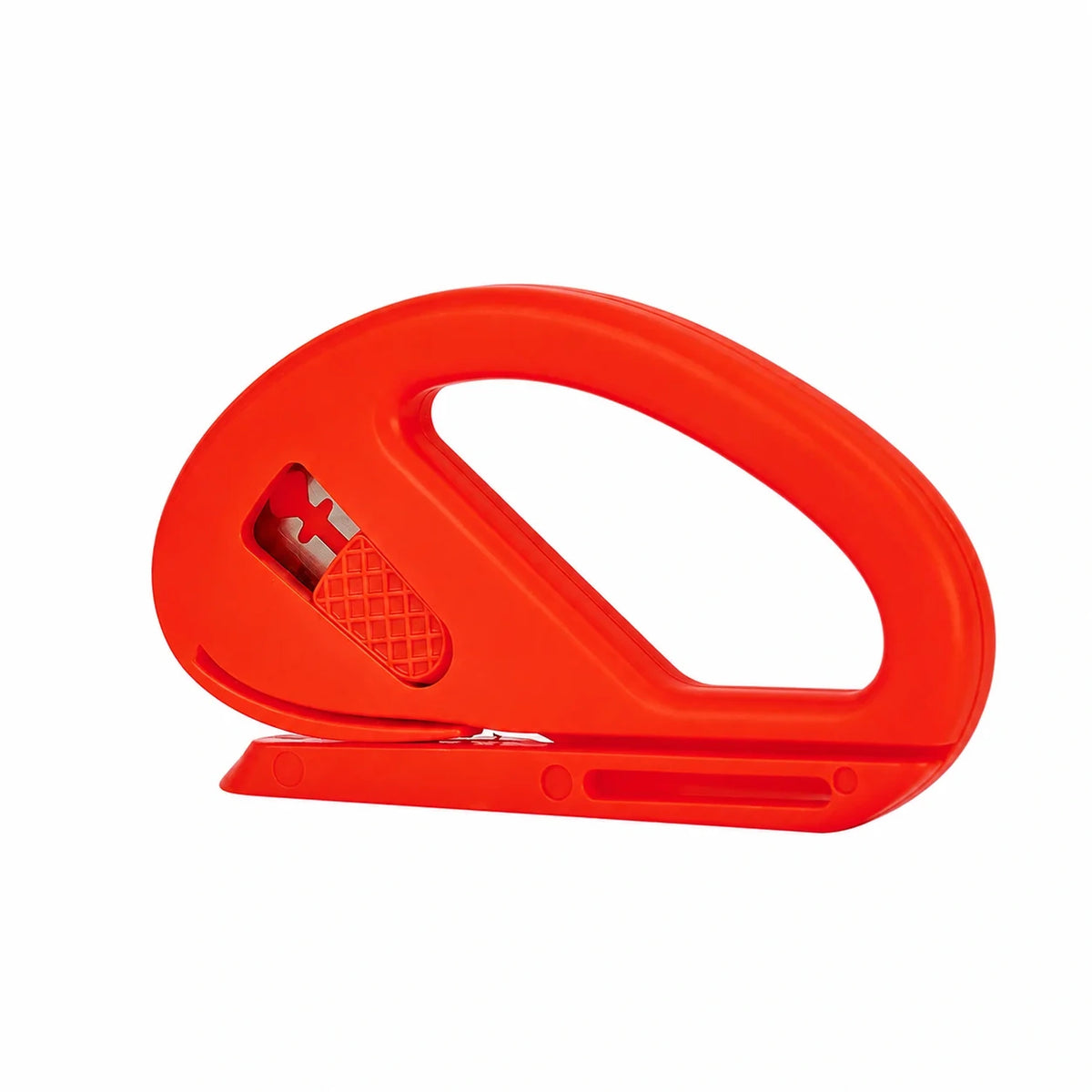 A bright red plastic clip or fastener tool with a textured grip and a small white cross symbol, shown on a plain white background.