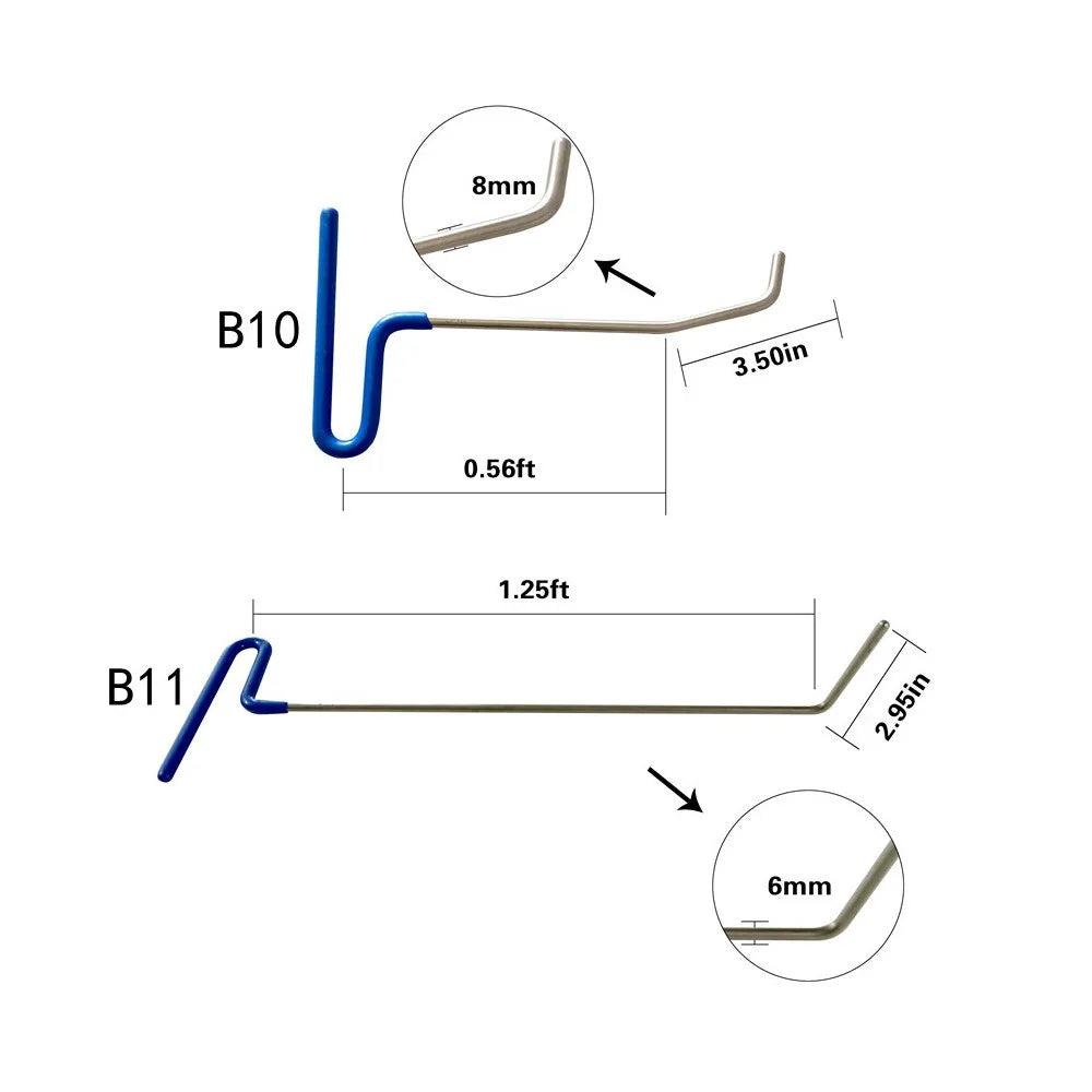 Measurement chart of metal hooks with dimensions and specifications on a white background