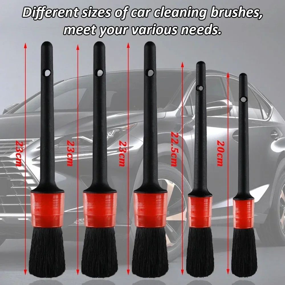Set of car cleaning brushes with measurements in front of a car