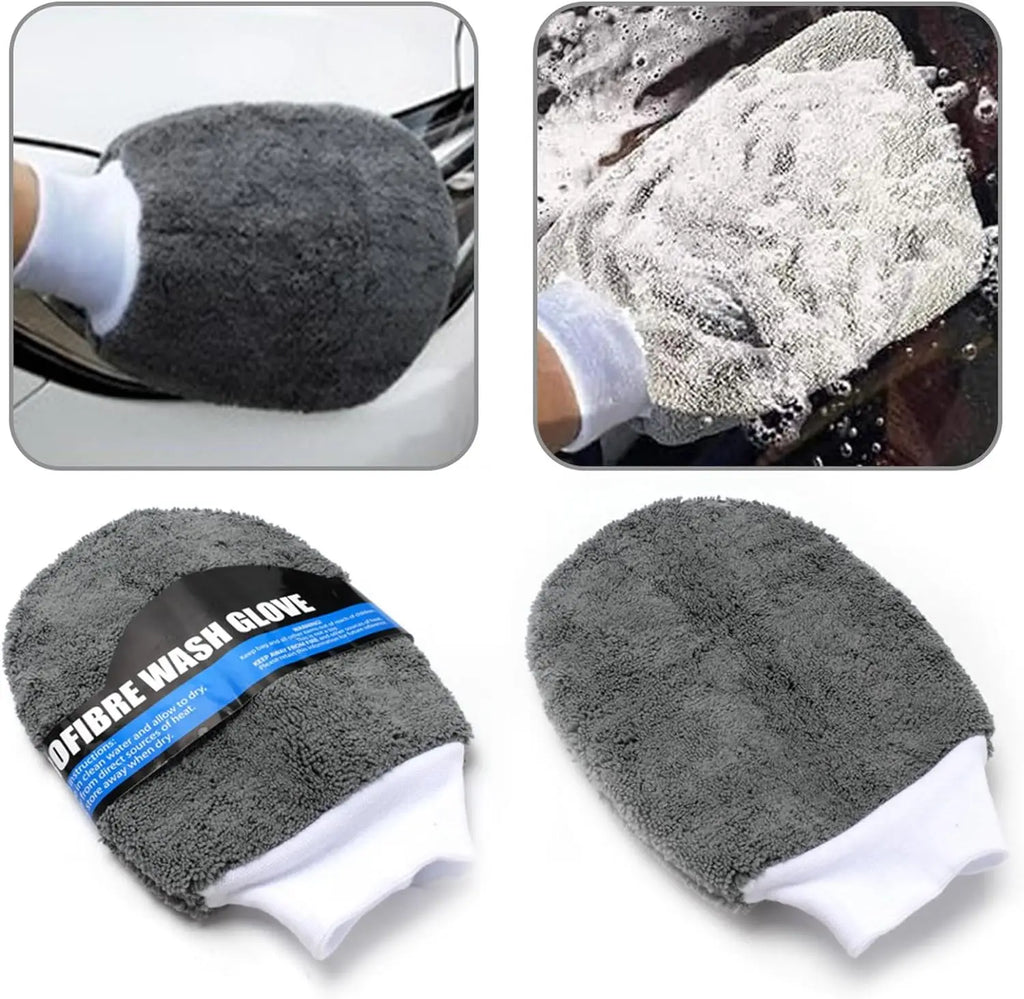 Car wash mitt with text, used on car surface and close-up of use.