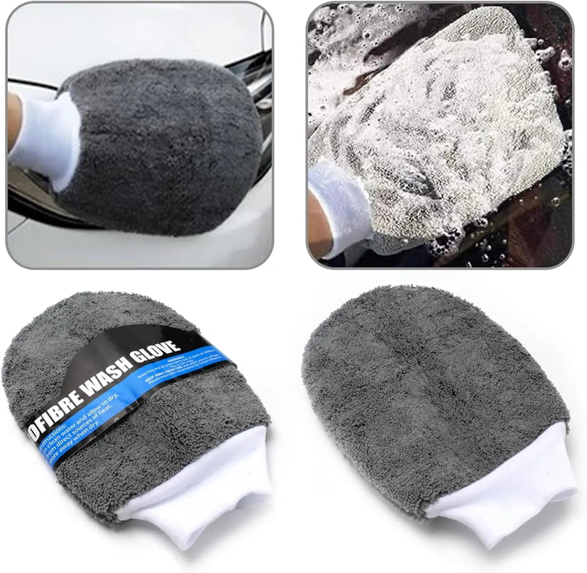 Car wash mitt with text, used on car surface and close-up of use.