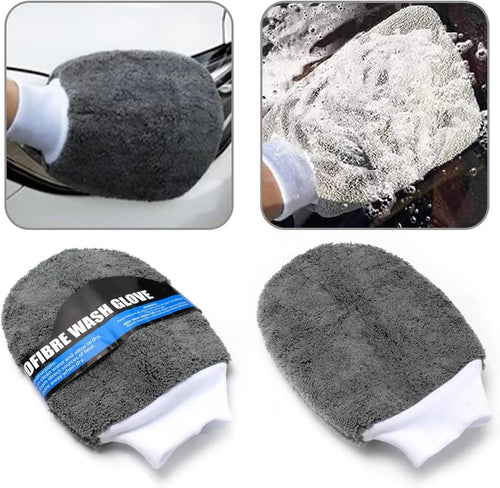 Car wash mitt with text, used on car surface and close-up of use.