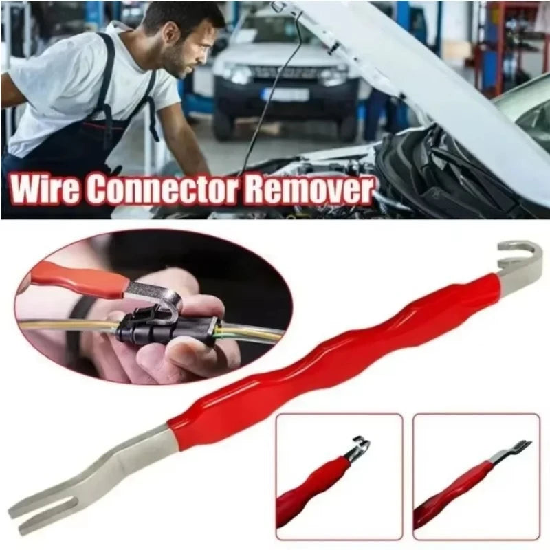 Wire connector remover tool with close-up of use and product details in a workshop setting.