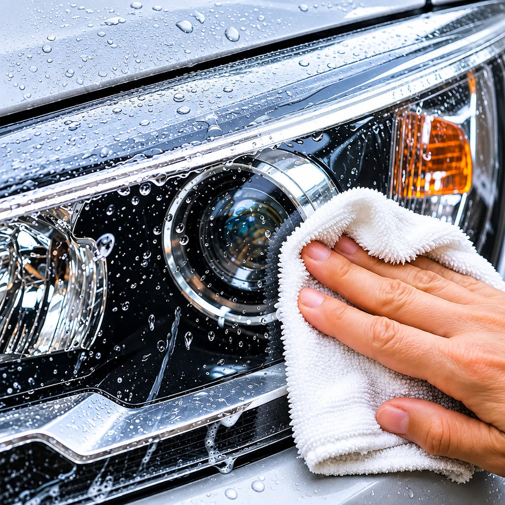 Person cleaning a car headlight with a cloth, text indicating the headlight's weather resistance.
