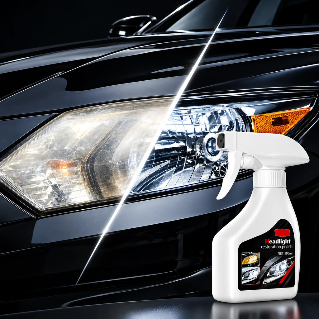 Car headlight with a spray bottle labeled 'Headlight Refurbishment Repair Fluid' on a black background.