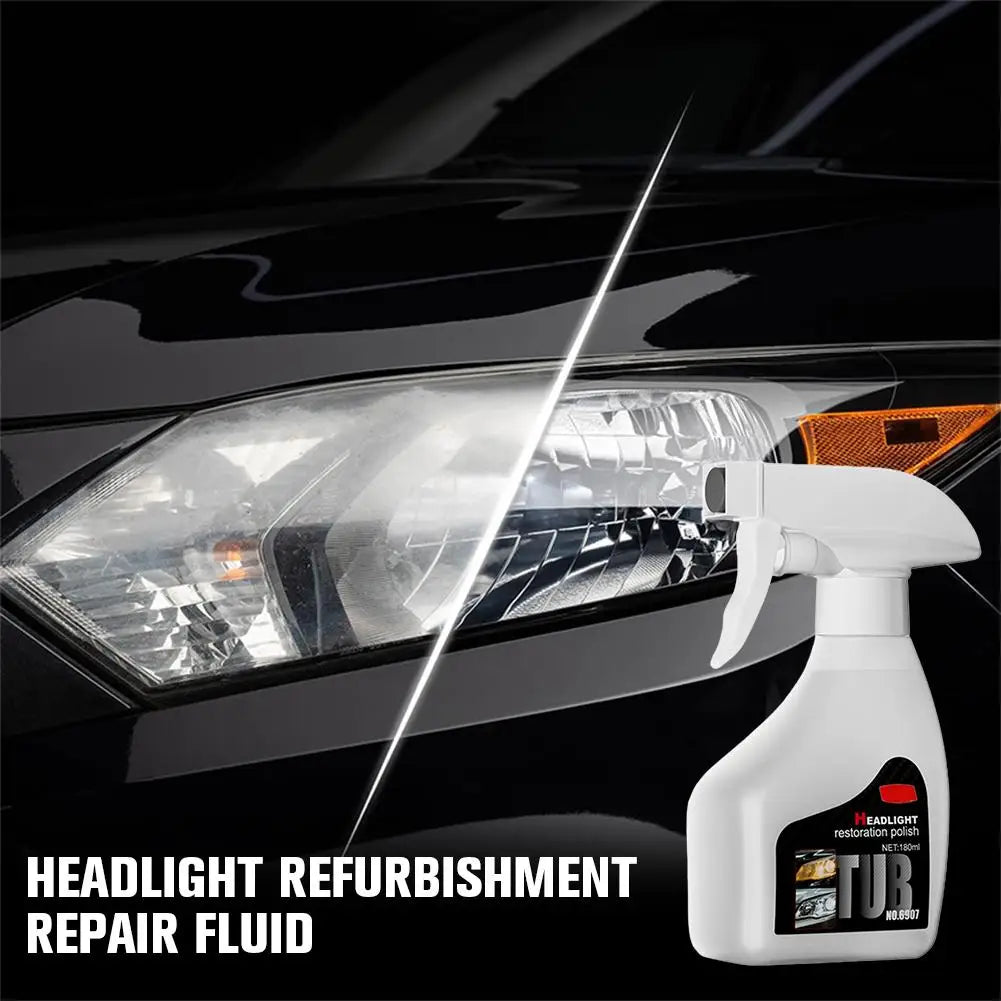 Car headlight with a spray bottle labeled 'Headlight Refurbishment Repair Fluid' on a black background.