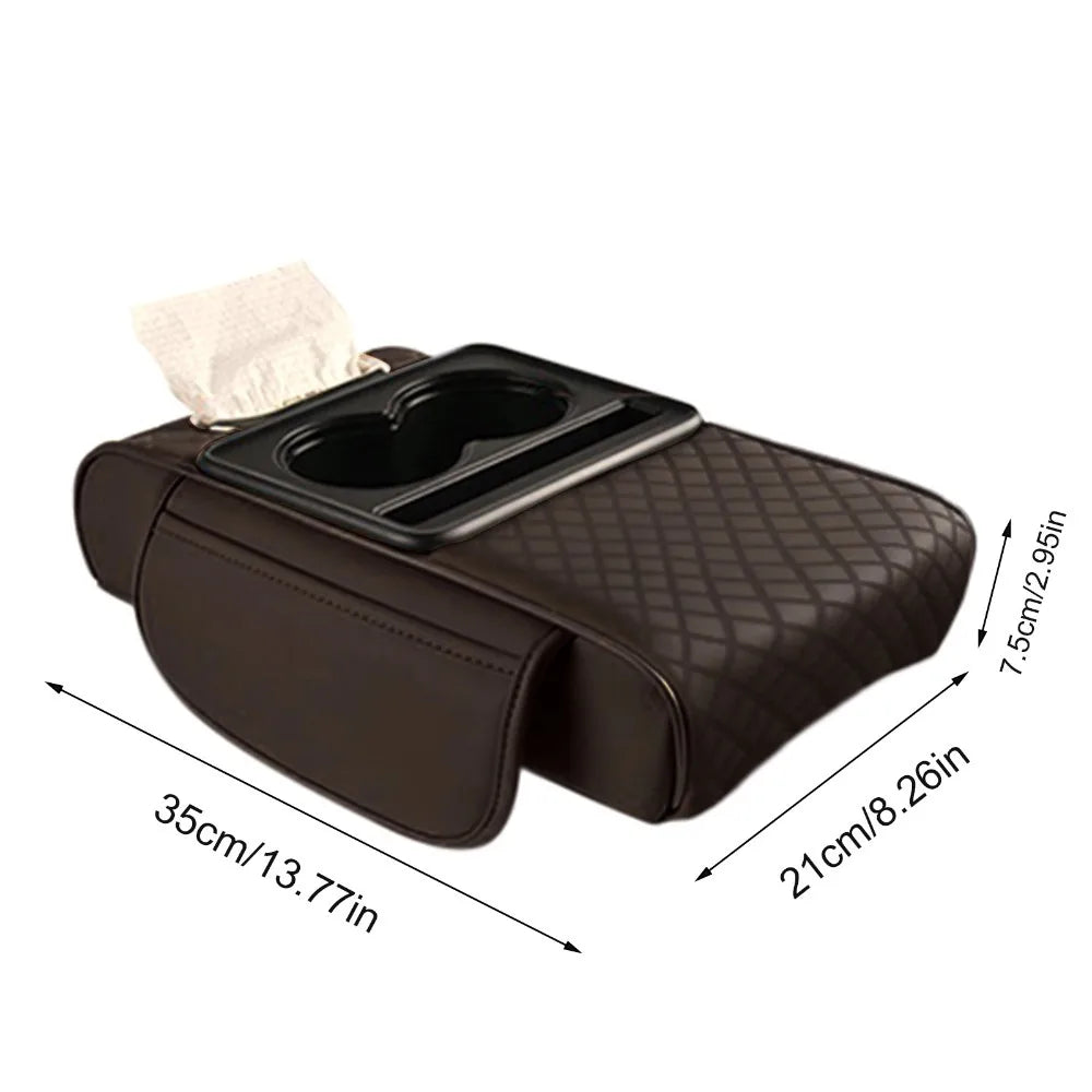Car armrest organizer with cup holder and tissue holder, showing dimensions on a white background.