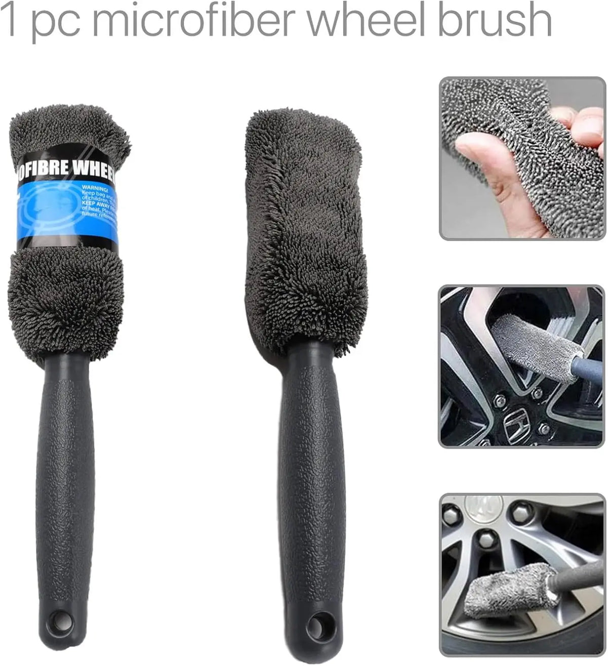 Microfiber wheel brush with packaging and usage examples on a white background