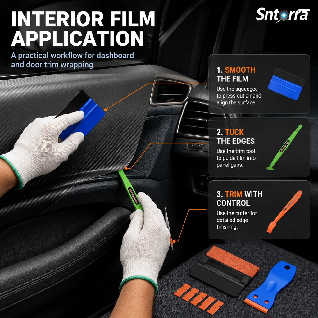 A car interior dashboard and door trim being wrapped with adhesive film, shown with overlaid instructions and tool accessories. Gloved hands are visible using a squeegee, trim tool, and cutter on the black textured panel.