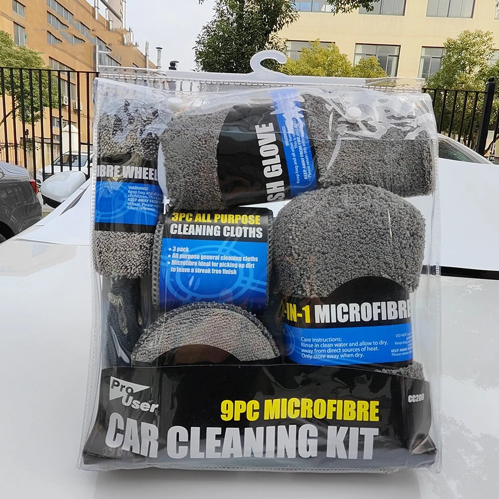 9-piece microfiber car cleaning kit in packaging on a car hood