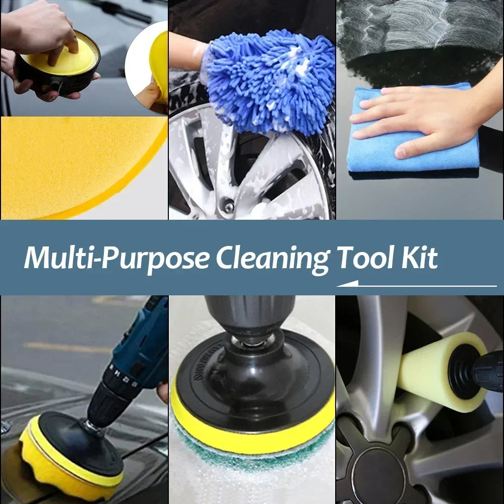 Collage of car cleaning tools with text 'Multi-Purpose Cleaning Tool Kit'.