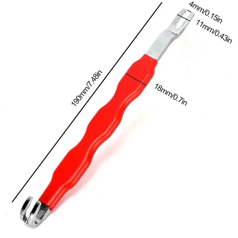 A red and silver metal tool shown diagonally on a white background with black dimension lines and text indicating measurements of 190mm/7.48in overall, 18mm/0.