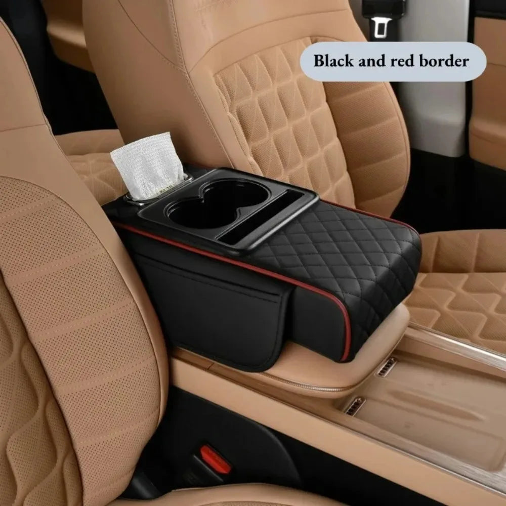 Car armrest organizer with cup holder and tissue holder in a beige car interior.