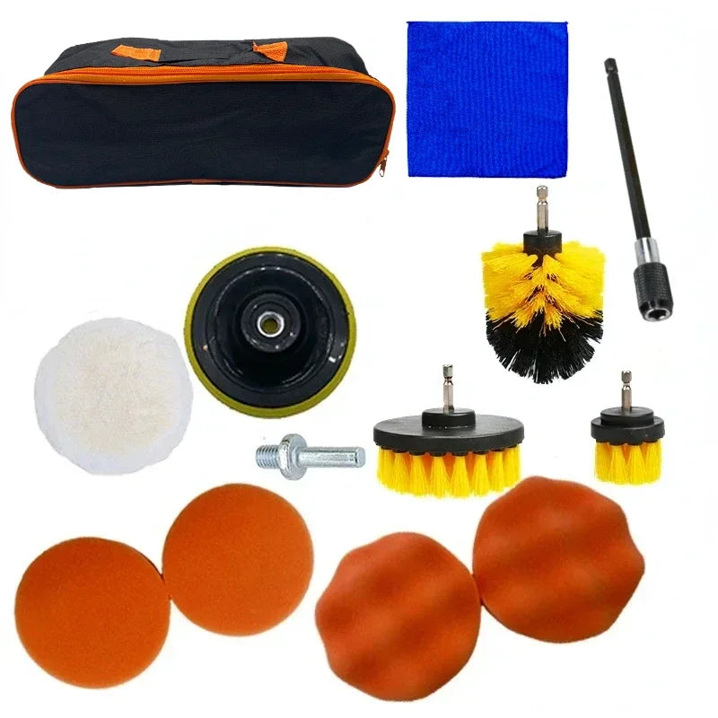 Collection of cleaning tools including brushes, pads, and a carrying case on a white background