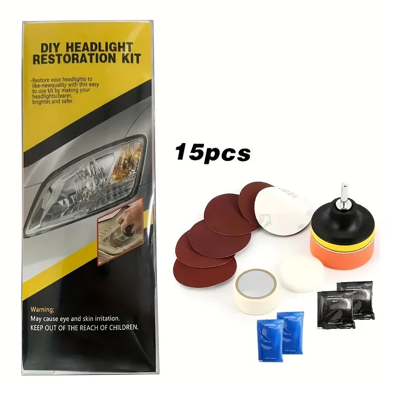 DIY headlight restoration kit shown with its retail box on the left and the included tools and pads on the right, including sanding discs, polishing pads, a rotary attachment, tape, blue packets, and small black packets. The text '15pcs' is printed on the image.
