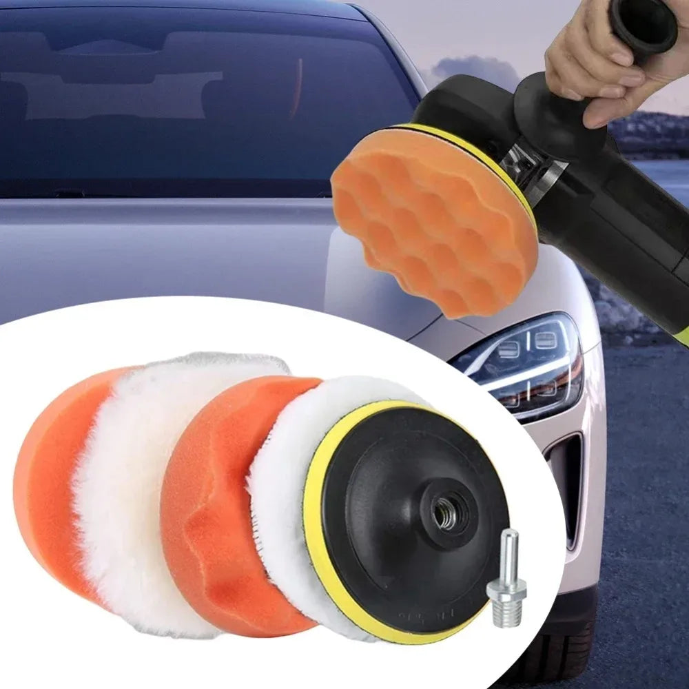 Car polishing tool with different buffs on a white background, with a car in the background.