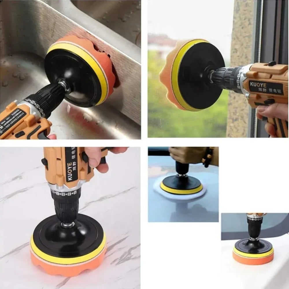Collage of a KUGYE power tool with polisher attachment used on various surfaces.