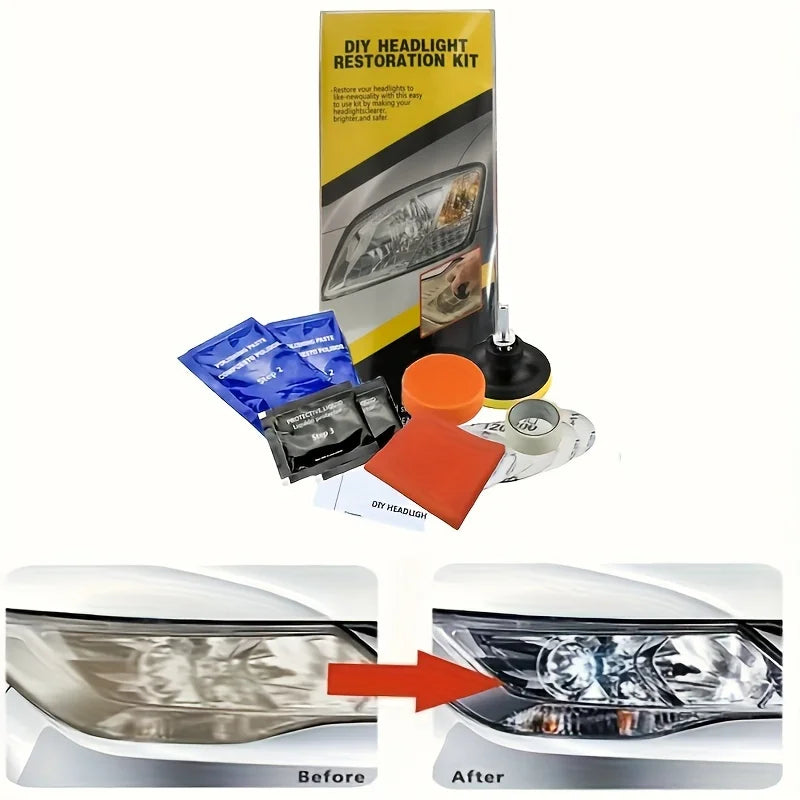 DIY headlight restoration kit with its packaging box, cleaning packets, polishing sponge, and restoration pads, shown alongside a before-and-after comparison of a cloudy car headlight.