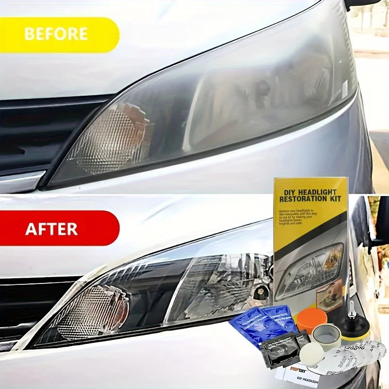 Before-and-after comparison of a car headlight restoration kit. The top half shows a cloudy, yellowed headlight labeled 'BEFORE' with a yellow banner.