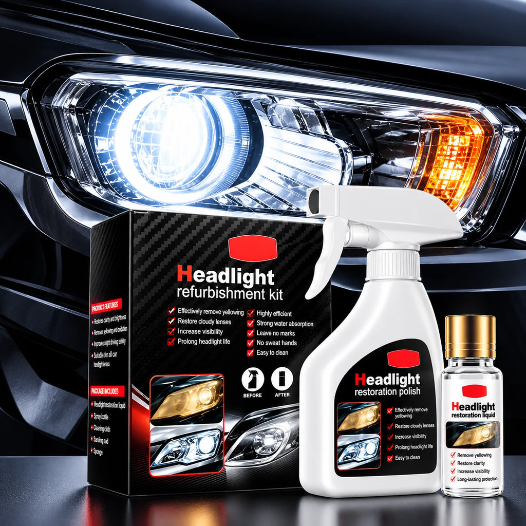 Car headlight renovation kit with spray bottle and box displayed in front of a car headlight.
