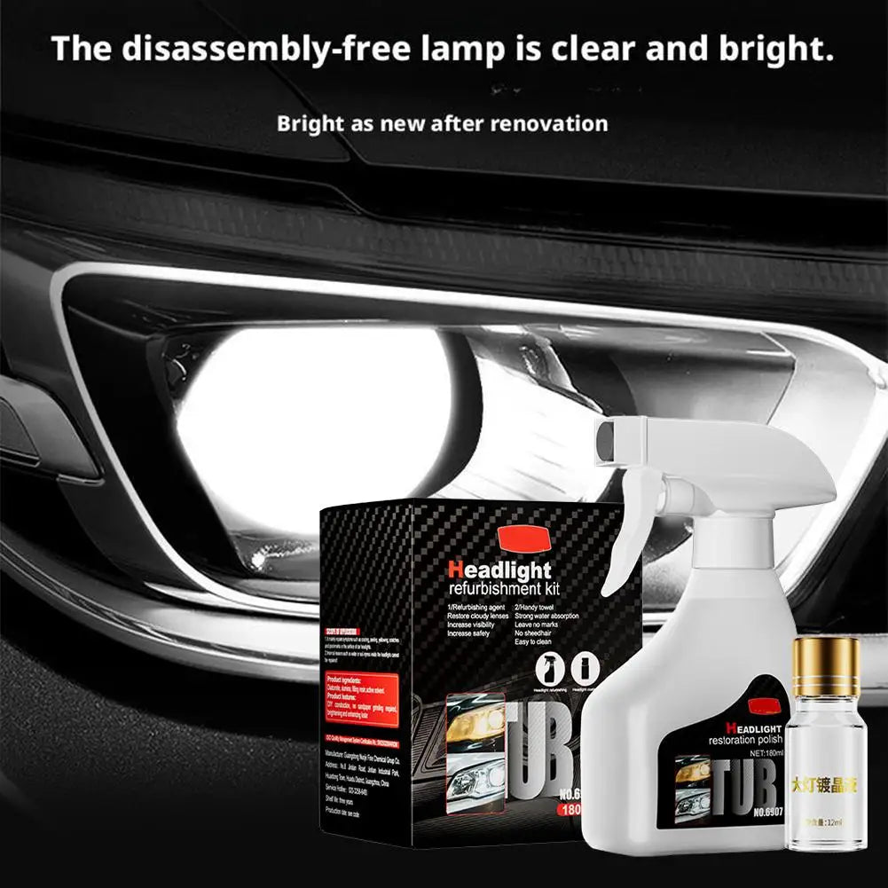 Car headlight renovation kit with spray bottle and box displayed in front of a car headlight.