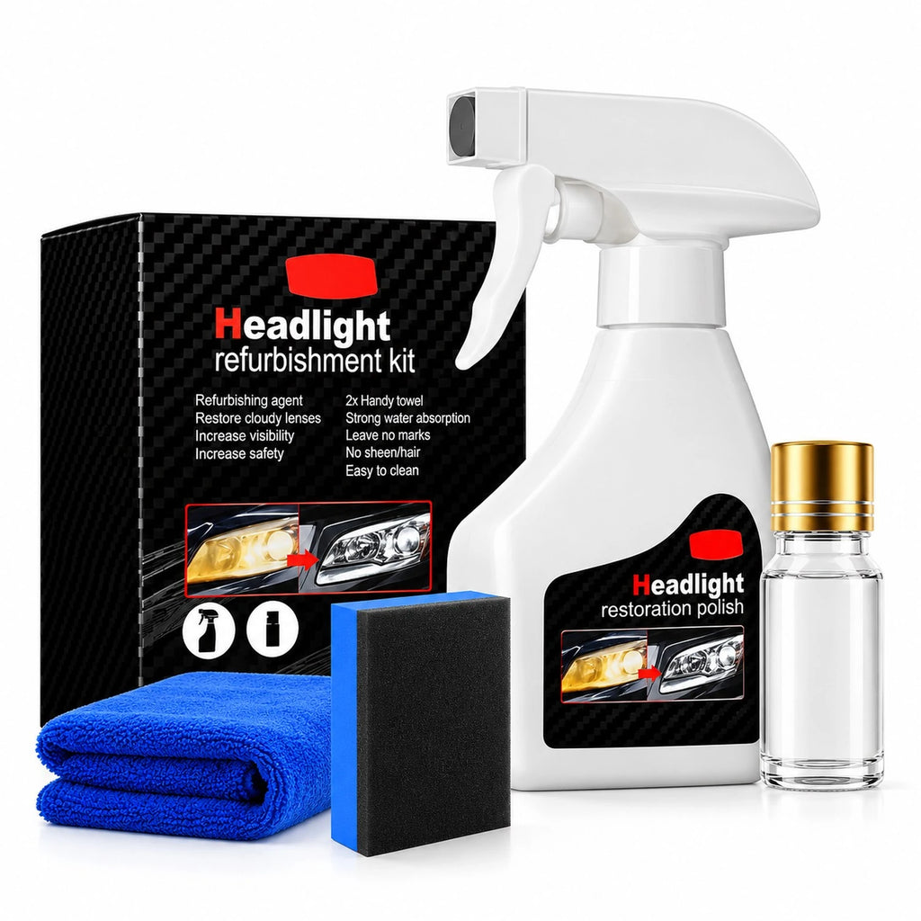 Headlight refurbishment kit with spray bottle, cloth, and small bottle on a white background