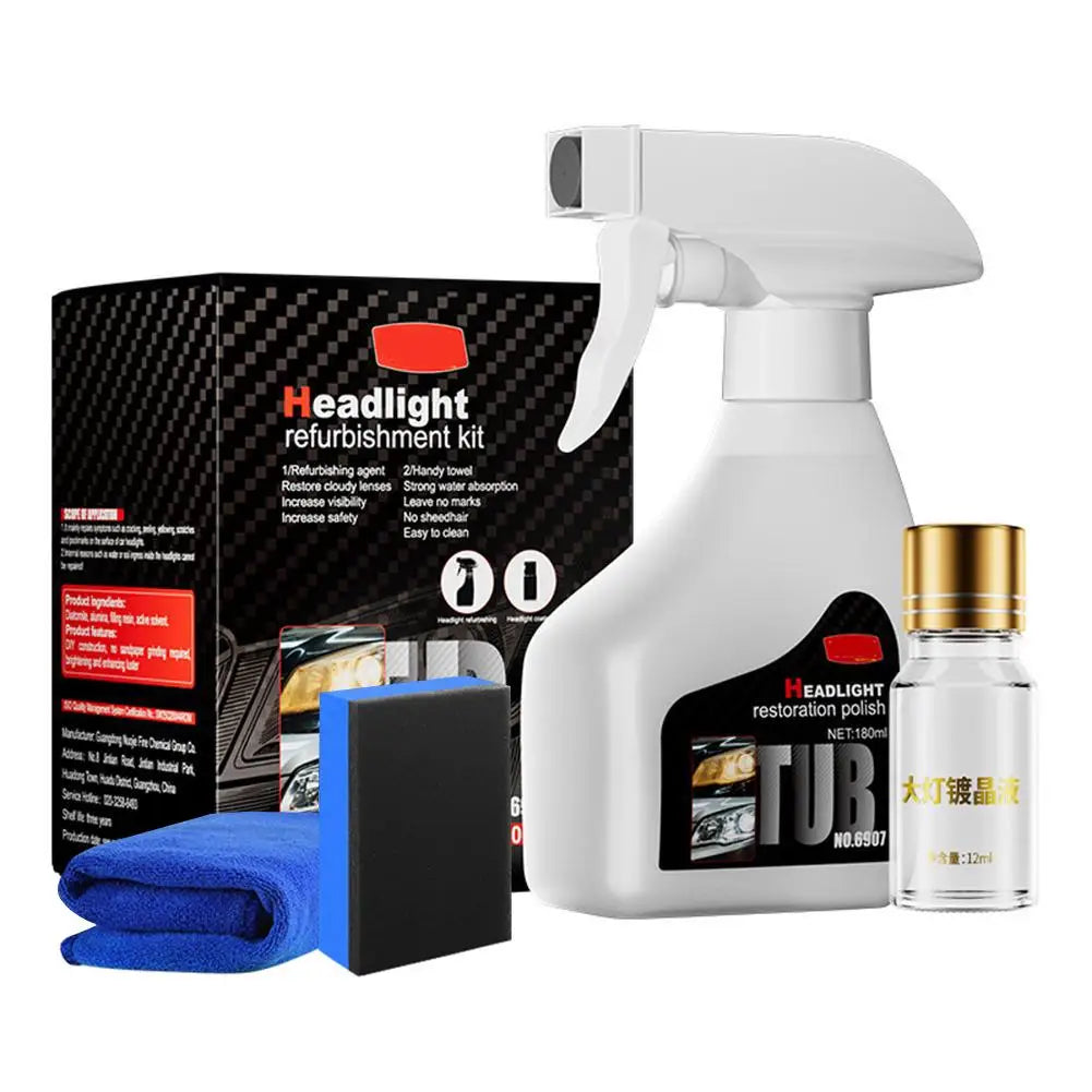 Headlight refurbishment kit with spray bottle, cloth, and small bottle on a white background