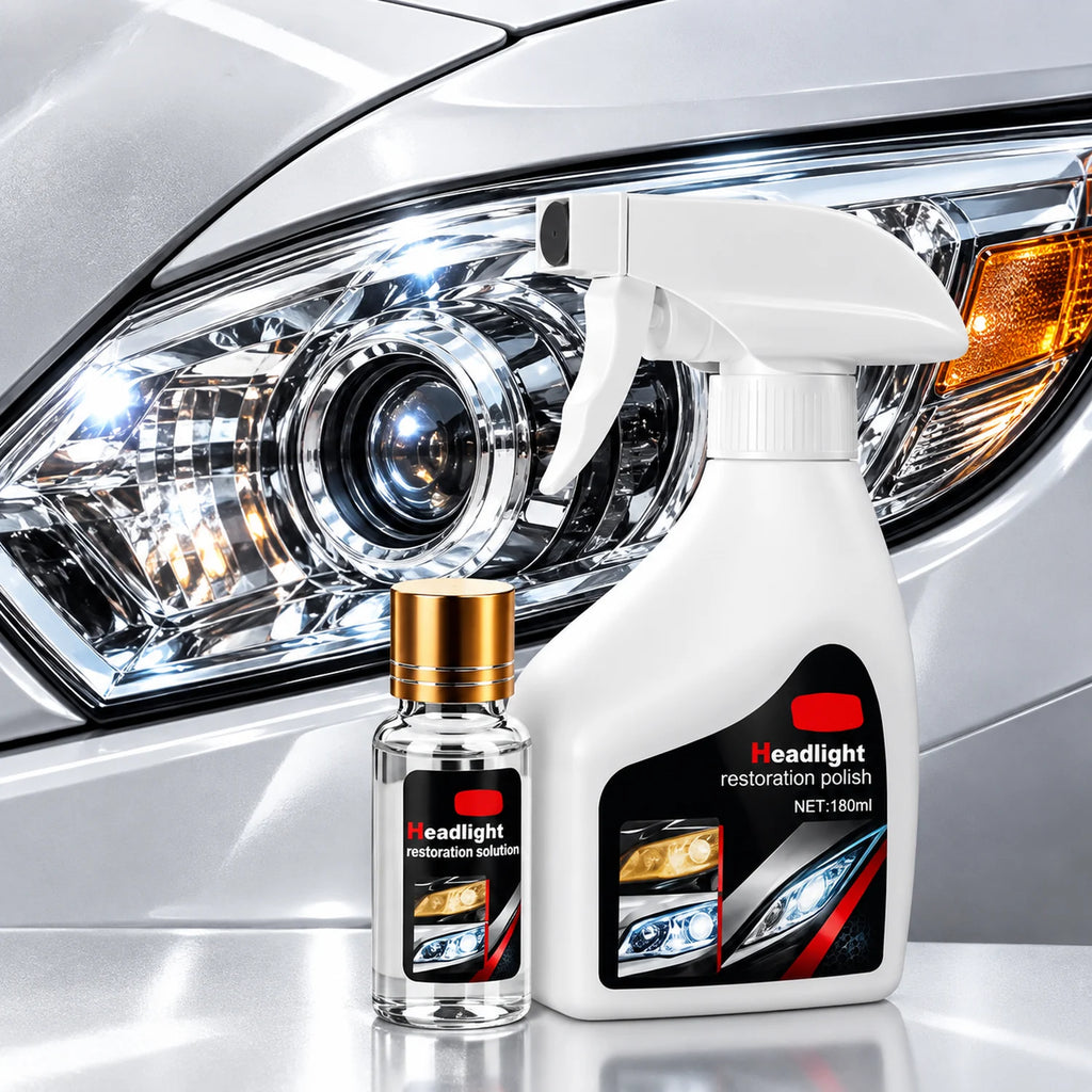 Headlight refurbishment kit with spray bottle and packaging on a white background
