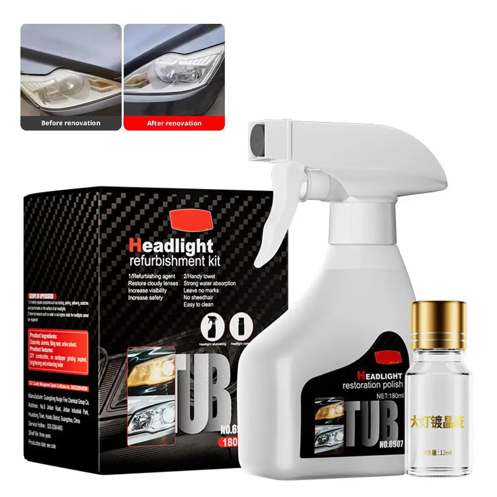 Headlight refurbishment kit with spray bottle and packaging on a white background