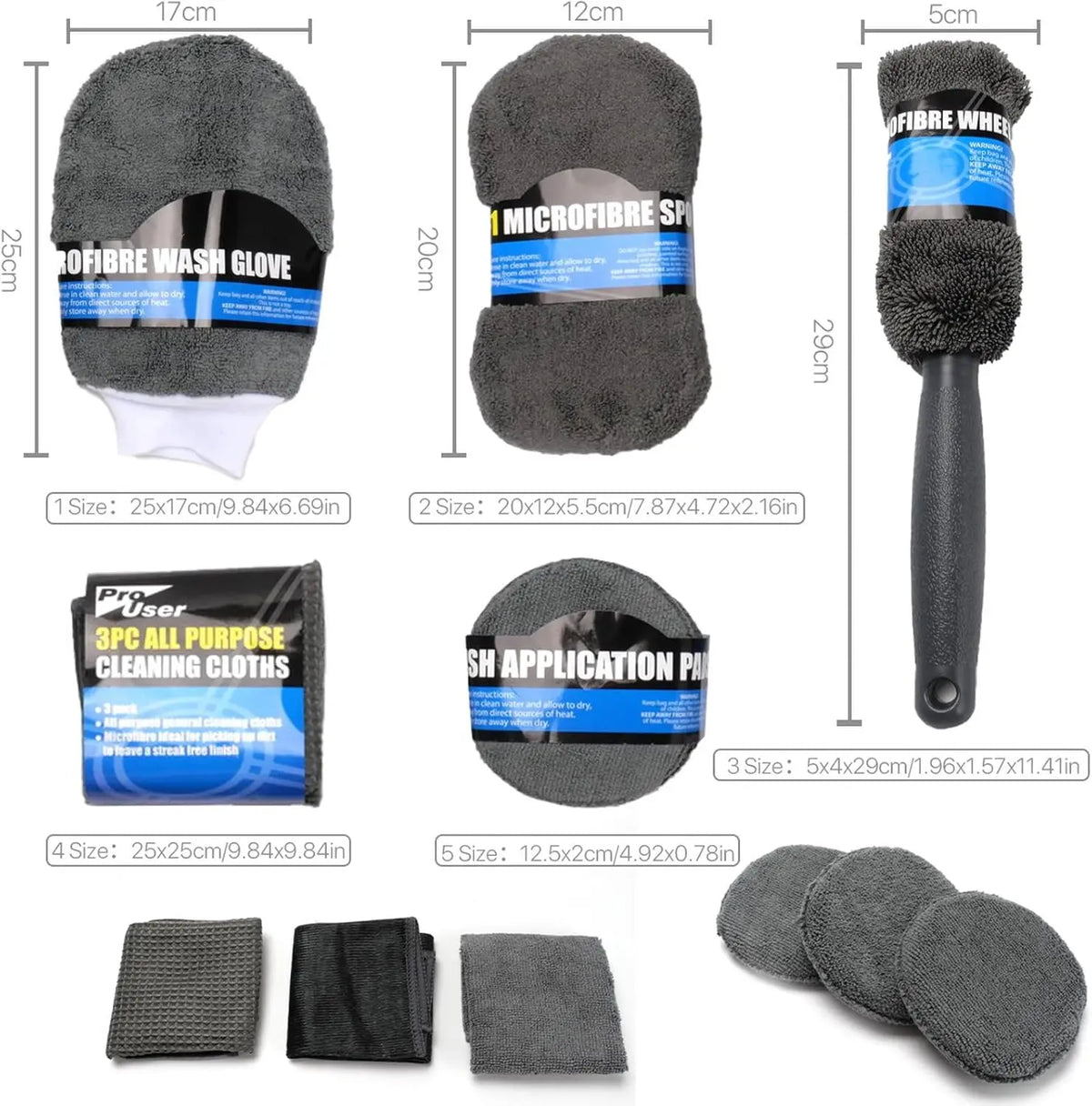 Set of car cleaning tools with dimensions labeled